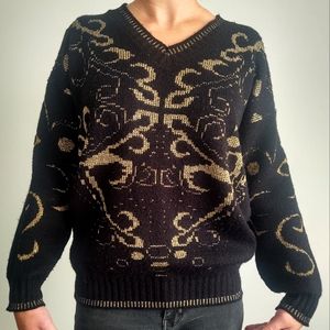 Vintage 80s Style Sweater Shimmery Gold Swirls